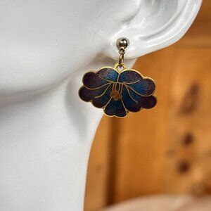 Vintage Blue Purple Enamel Floral Pierced Earrings Petite Dangle B24